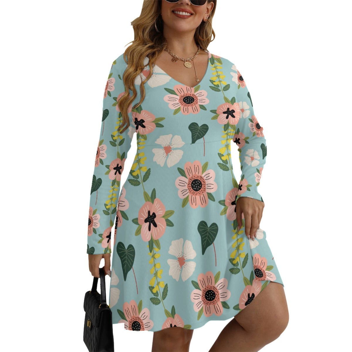 Yoycol 2XL / White All-Over Print Women's V-neck Long Sleeve Dress(Plus Size)