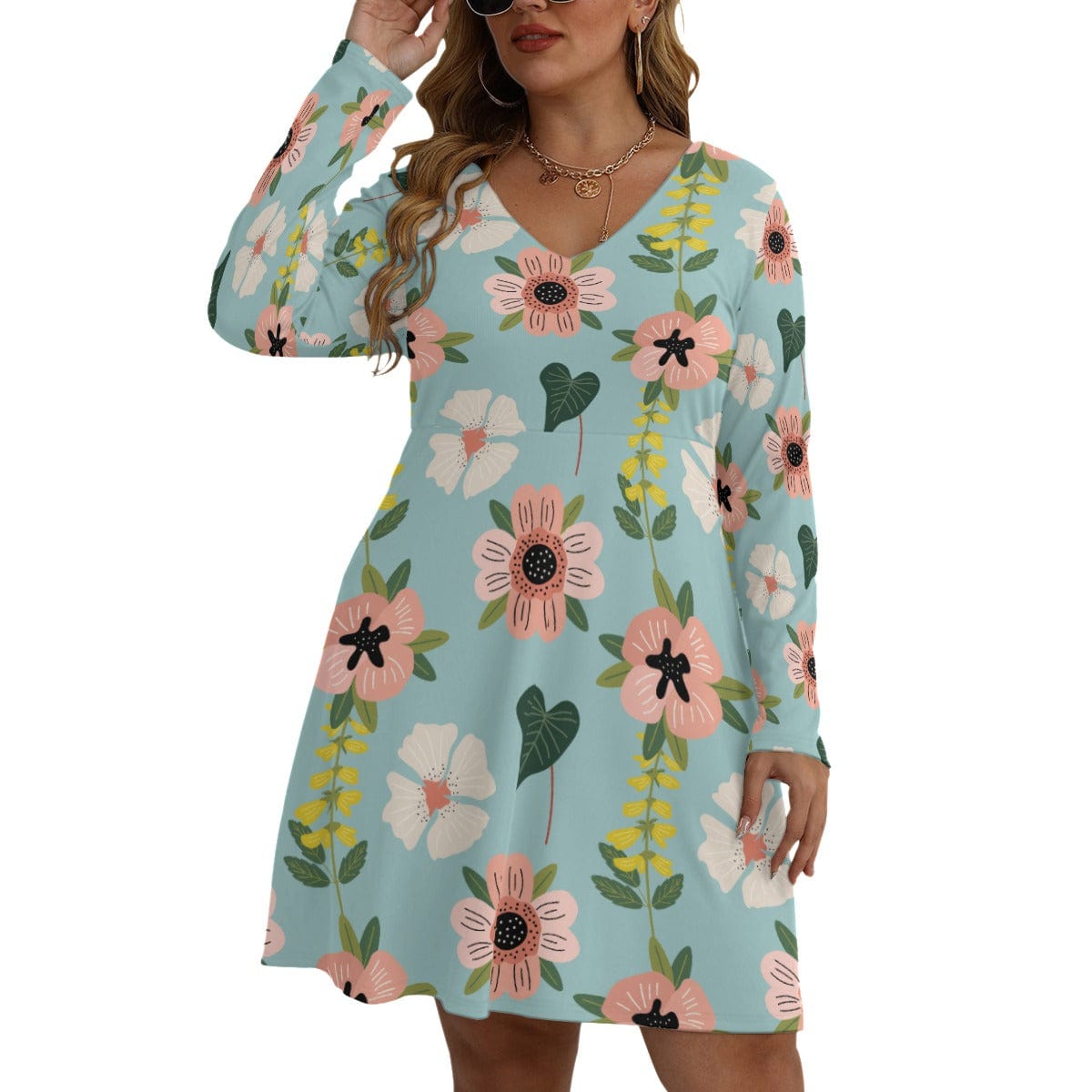 Yoycol All-Over Print Women's V-neck Long Sleeve Dress(Plus Size)