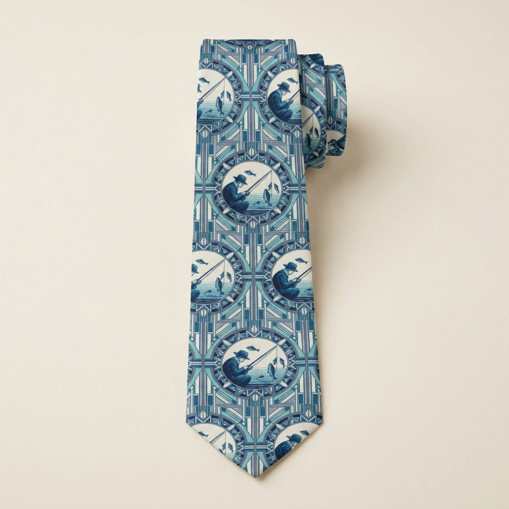 Art Deco Fisherman necktie on a refined ivory background