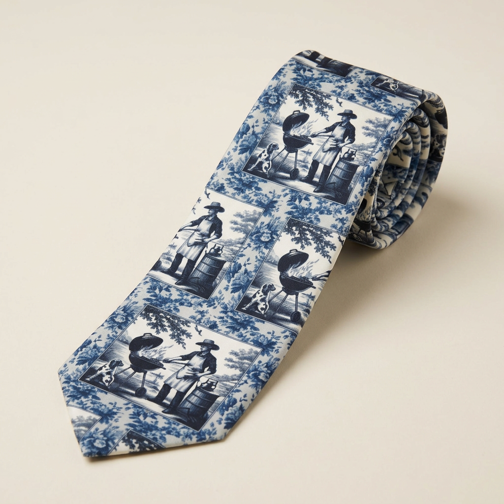 Backyard BBQ Blue printed necktie on a refined ivory background