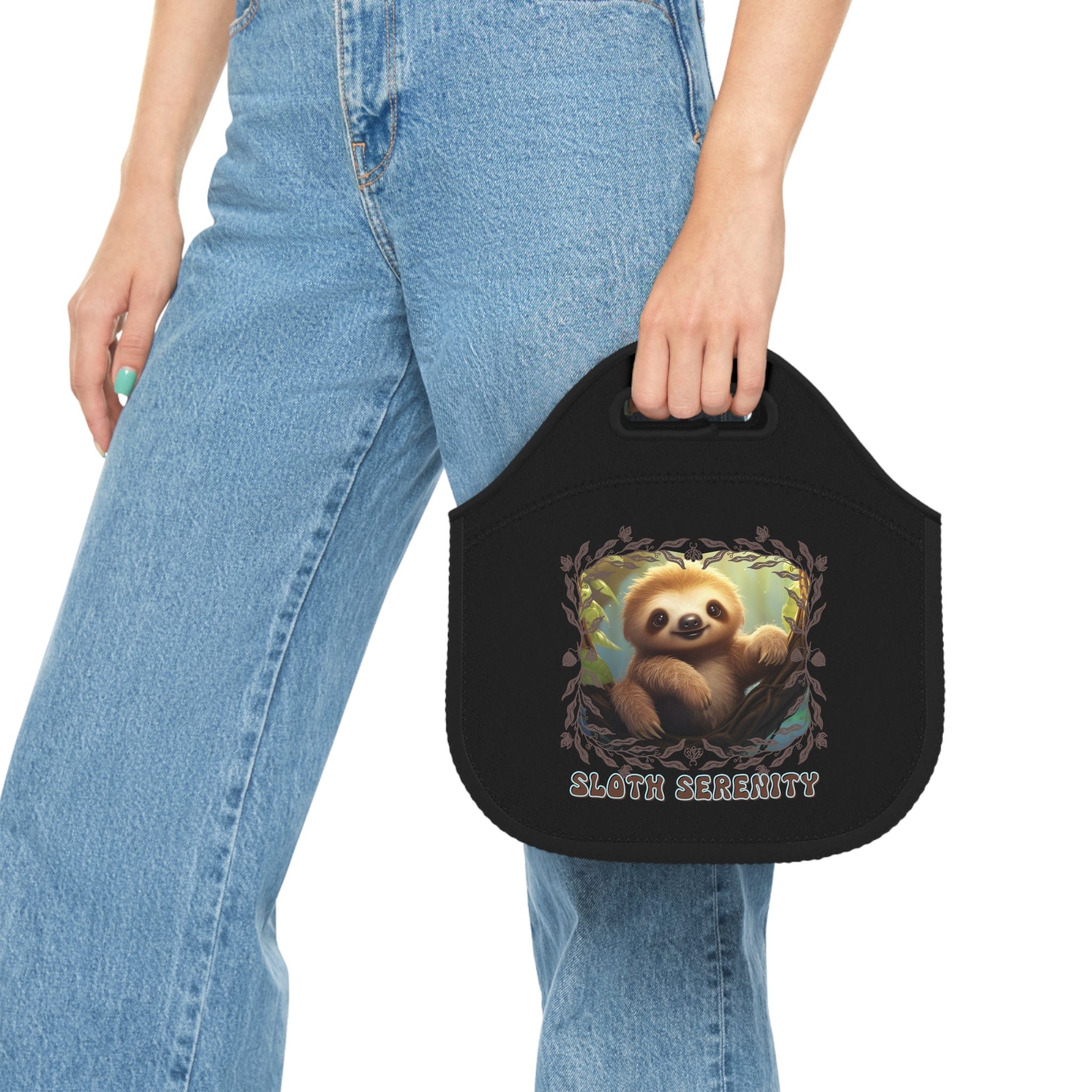 Printify Bags 12" × 12'' Sloth Serenity - Neoprene Black Lunch Bag