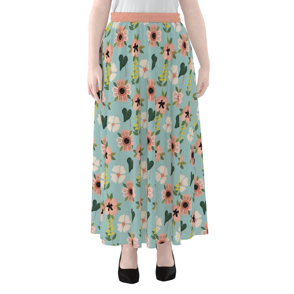 Yoycol 2XL / White Blue Green Coral Floral - Women's Maxi Chiffon Skirts With Lining