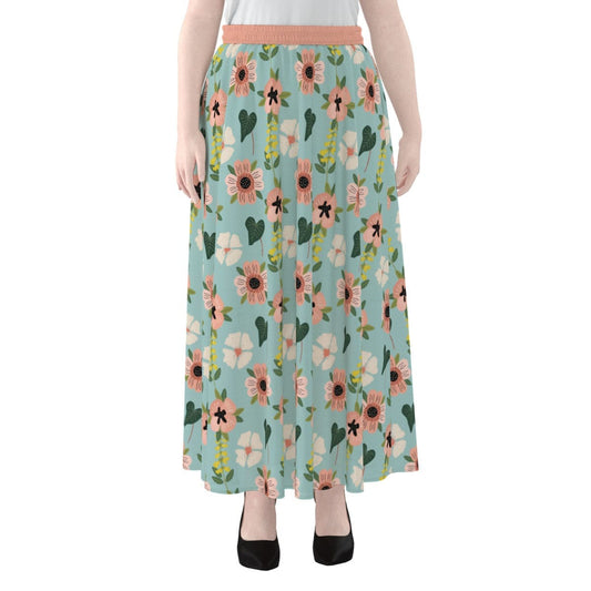 Yoycol 2XL / White Blue Green Coral Floral - Women's Maxi Chiffon Skirts With Lining