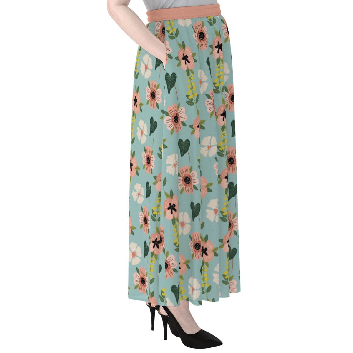 Yoycol Blue Green Coral Floral - Women's Maxi Chiffon Skirts With Lining