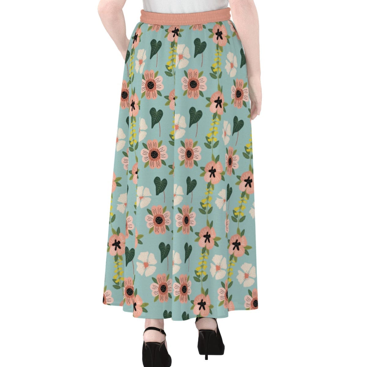 Yoycol Blue Green Coral Floral - Women's Maxi Chiffon Skirts With Lining