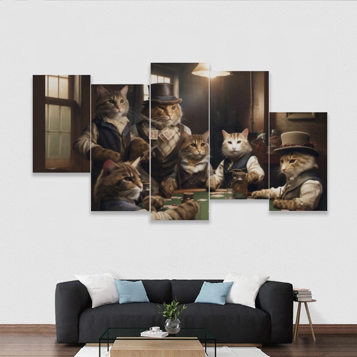 Yoycol M / White Cats Playing Poker - Five-piece Framed Murals