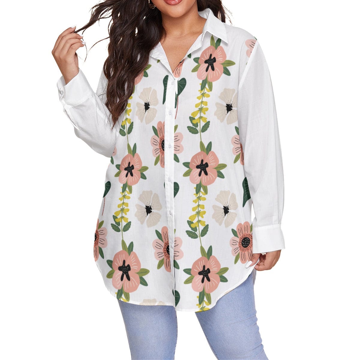 Yoycol 2XL / White Coral Floral - Women's Shirt With Long Sleeve(Plus Size)
