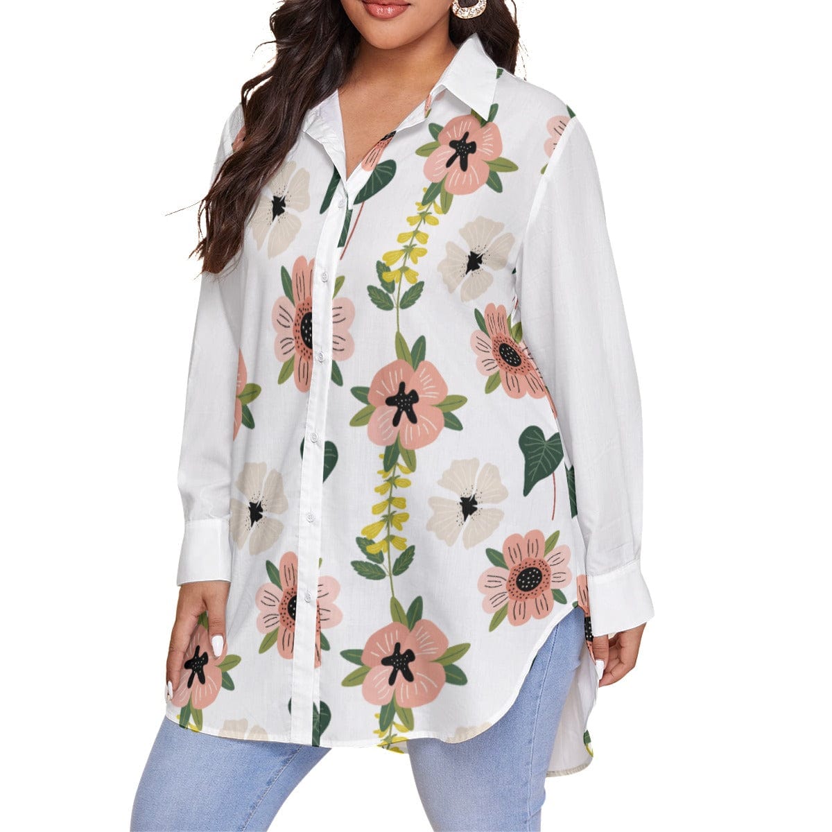Yoycol Coral Floral - Women's Shirt With Long Sleeve(Plus Size)