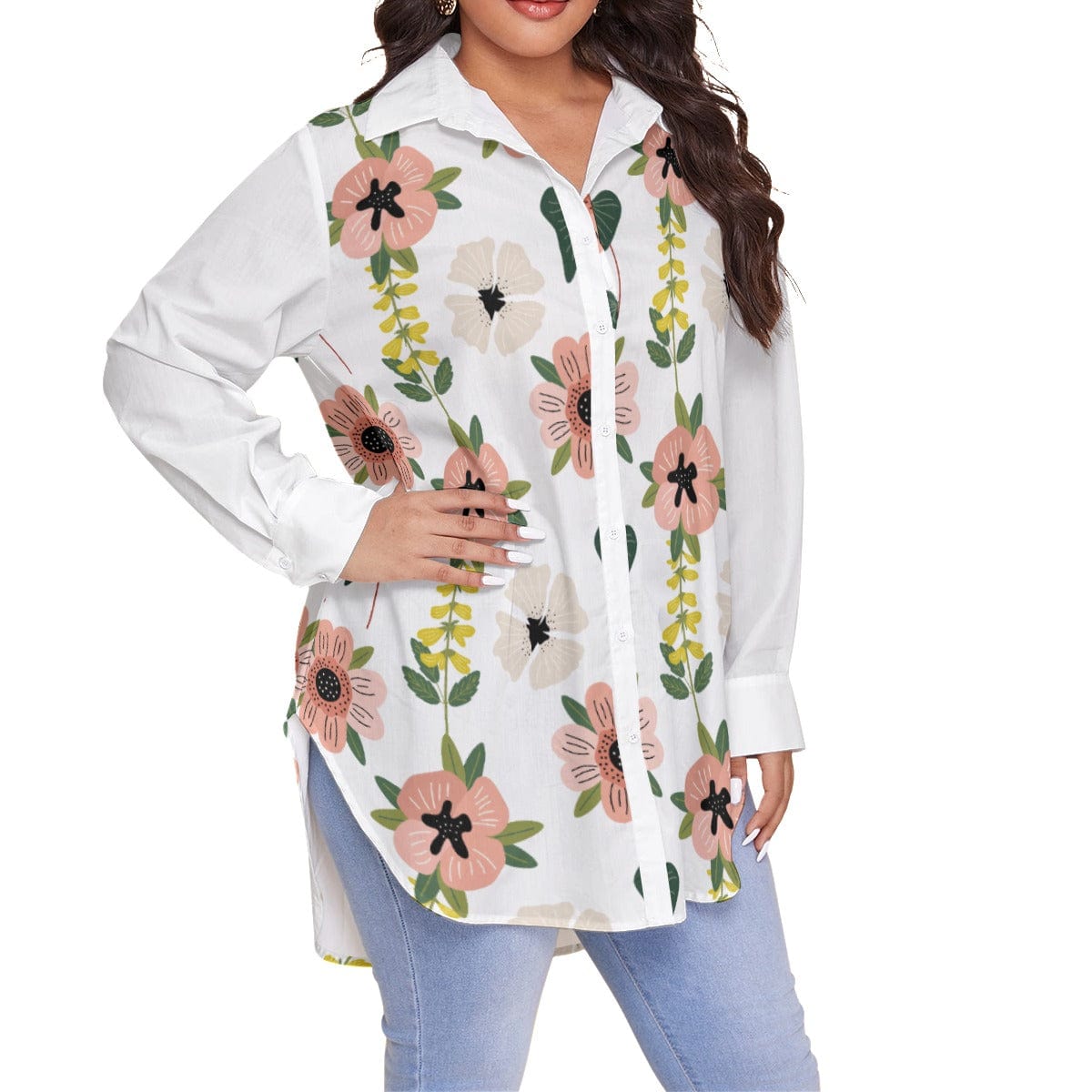 Yoycol Coral Floral - Women's Shirt With Long Sleeve(Plus Size)
