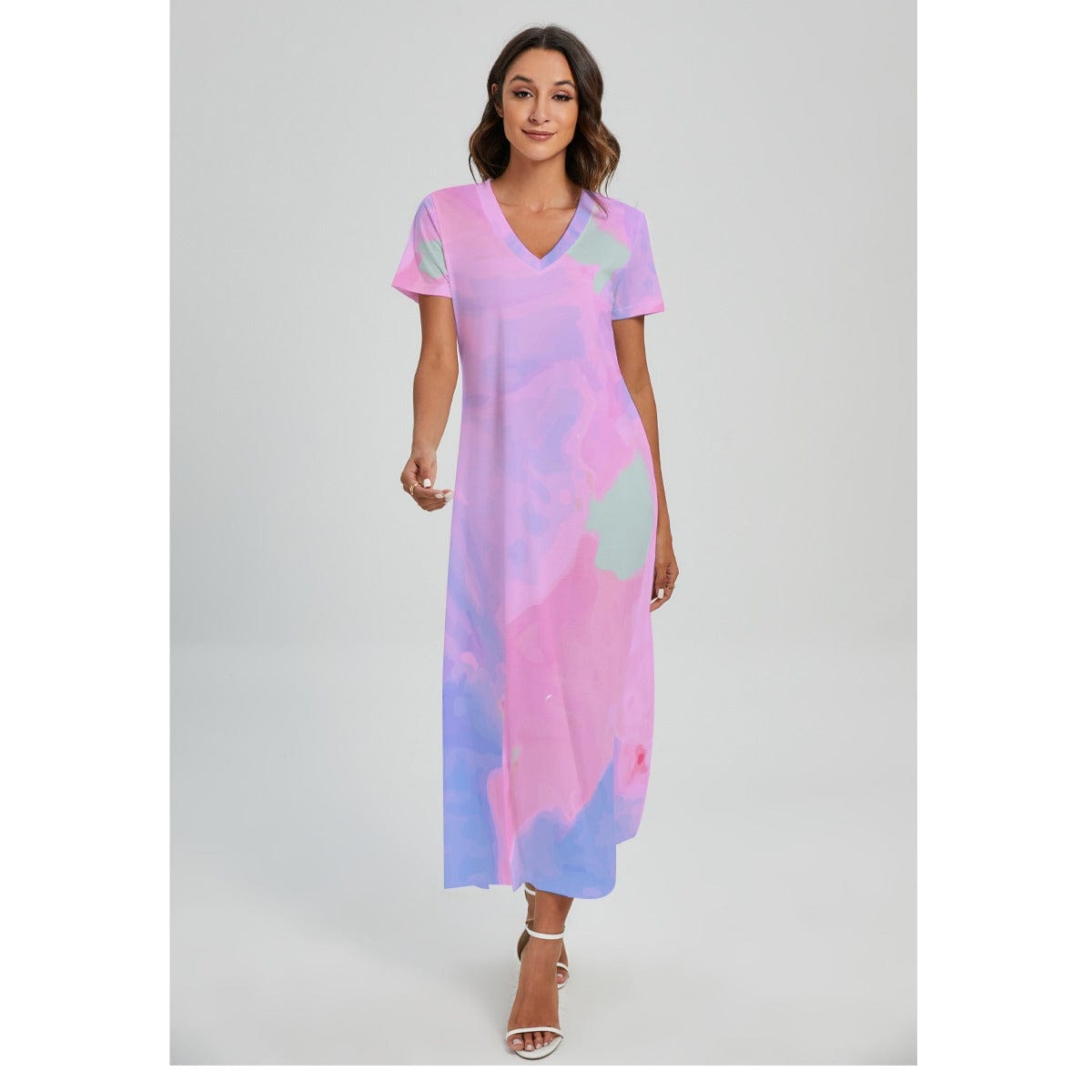 Yoycol Dresses 2XL / Lavender/Pink All-Over Print Women's V-neck Dress With Side Slit