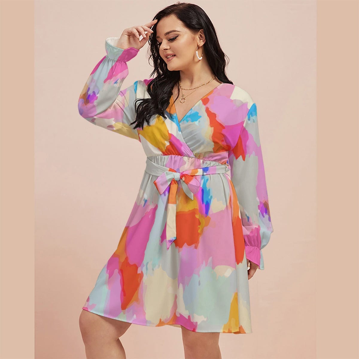 Yoycol Dresses 2XL / Multi Mod Colors Print Women's V-neck Dress With Waistband