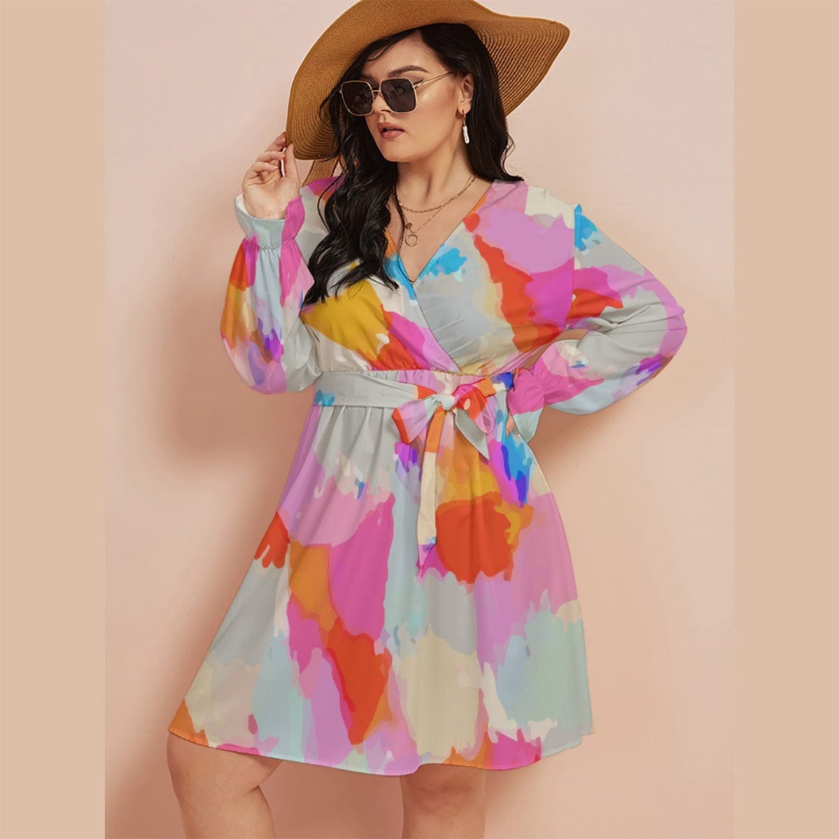 Yoycol Dresses Mod Colors Print Women's V-neck Dress With Waistband