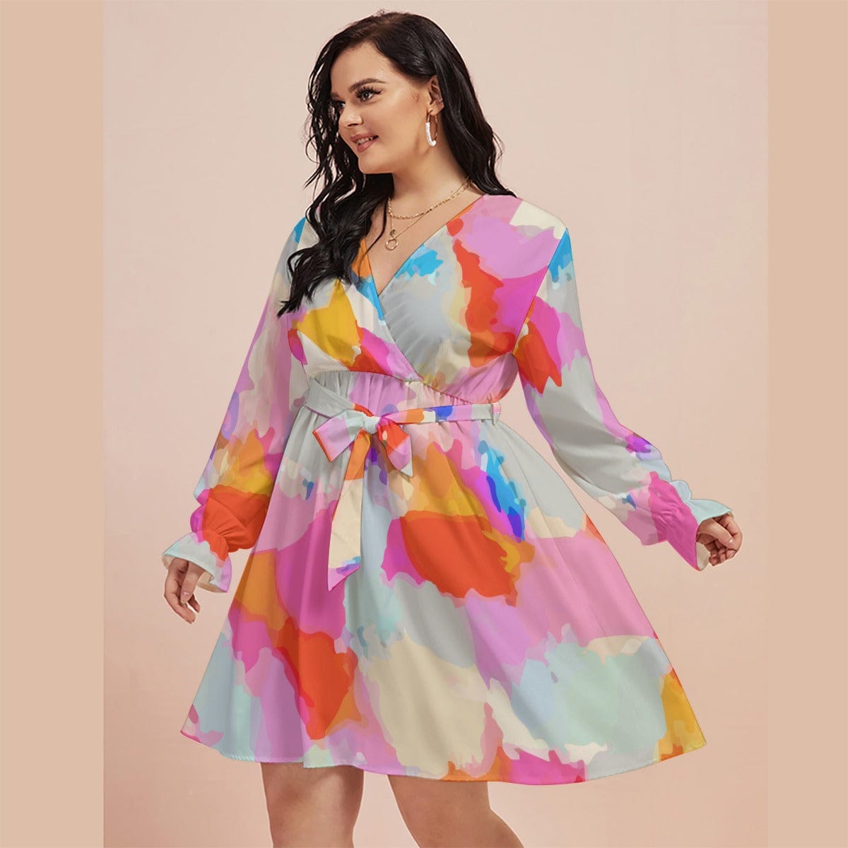 Yoycol Dresses Mod Colors Print Women's V-neck Dress With Waistband