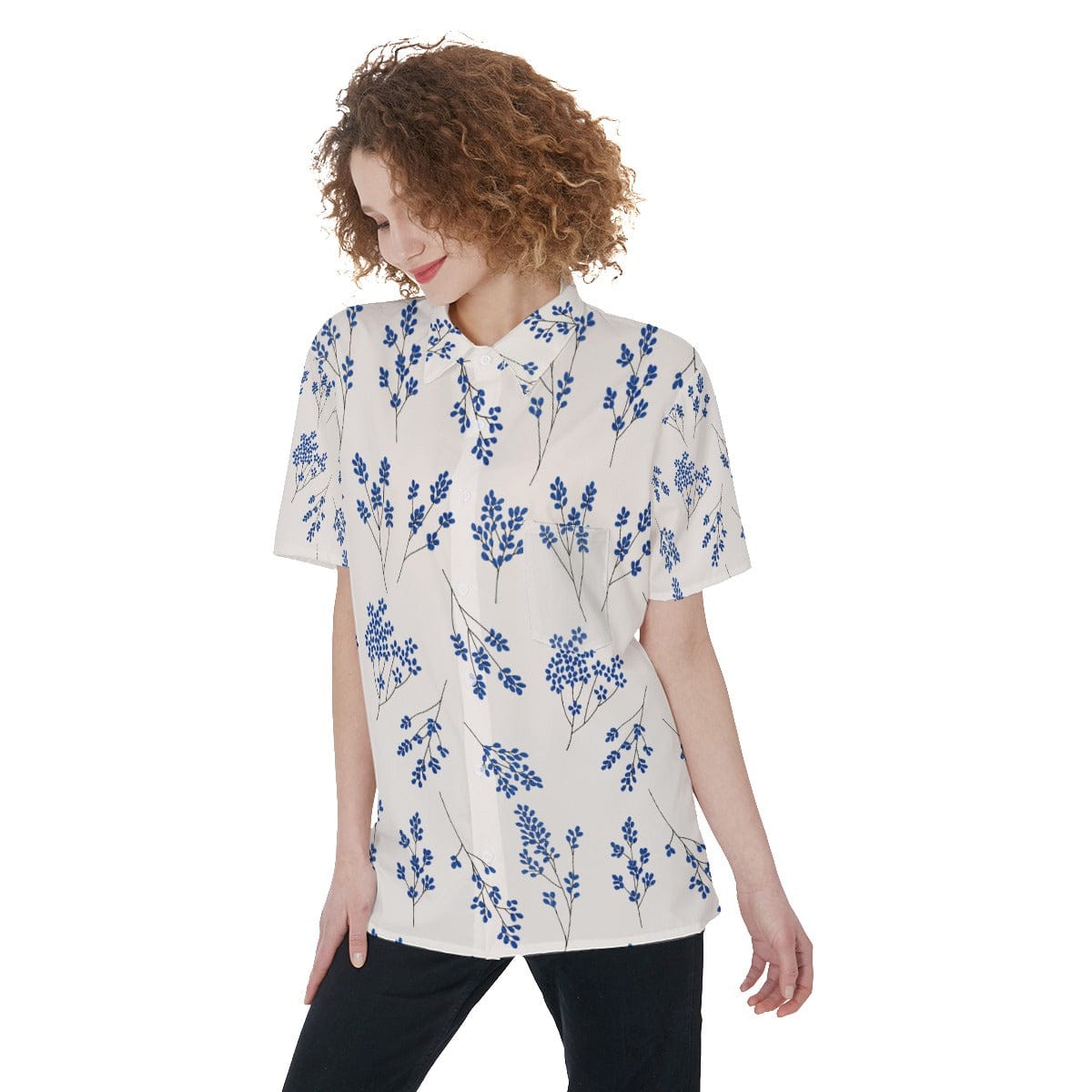 Yoycol 2XL / White Ecru Blue Floral Women's Short Sleeve Shirt With Pocket