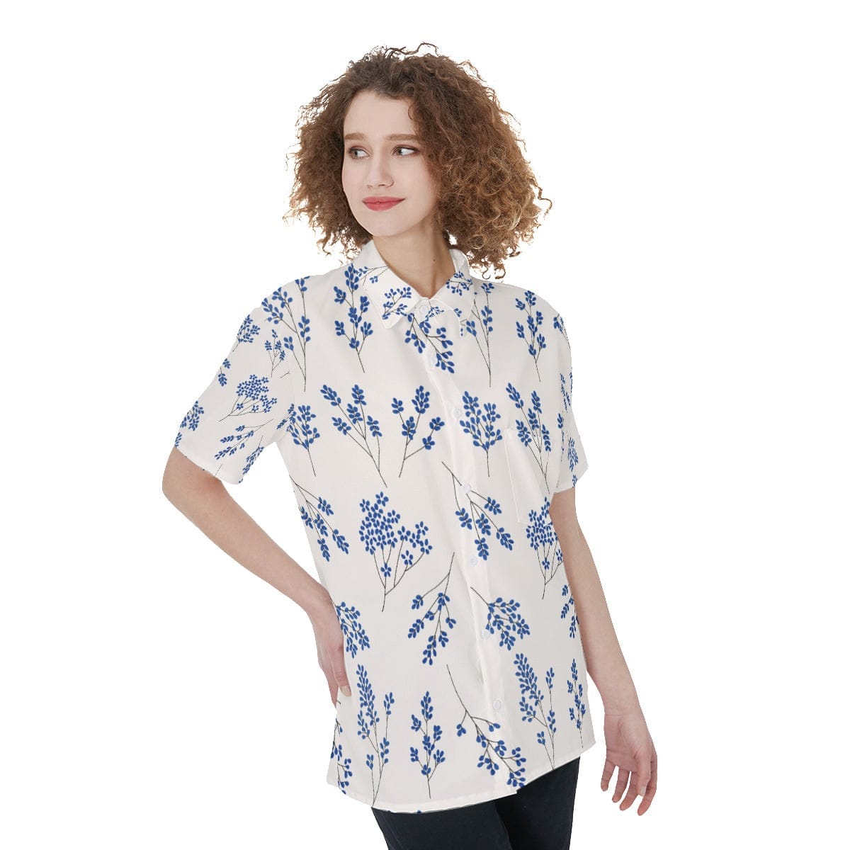 Yoycol Ecru Blue Floral Women's Short Sleeve Shirt With Pocket