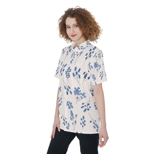 Yoycol Ecru Blue Floral Women's Short Sleeve Shirt With Pocket