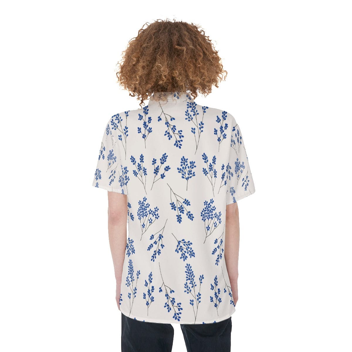 Yoycol Ecru Blue Floral Women's Short Sleeve Shirt With Pocket