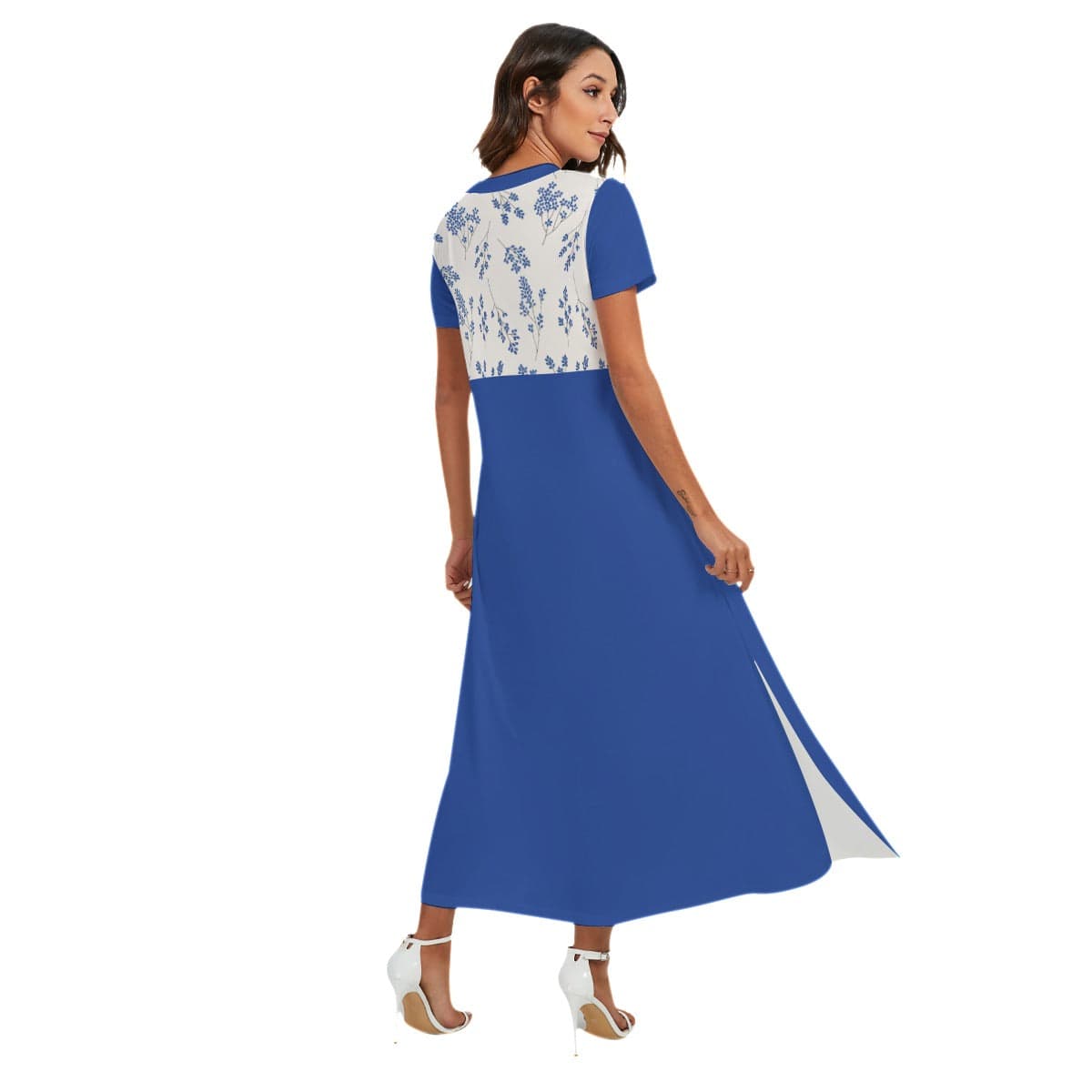 Yoycol Ecru Cobalt Floral Dress - Women's V-neck Dress With Side Slit