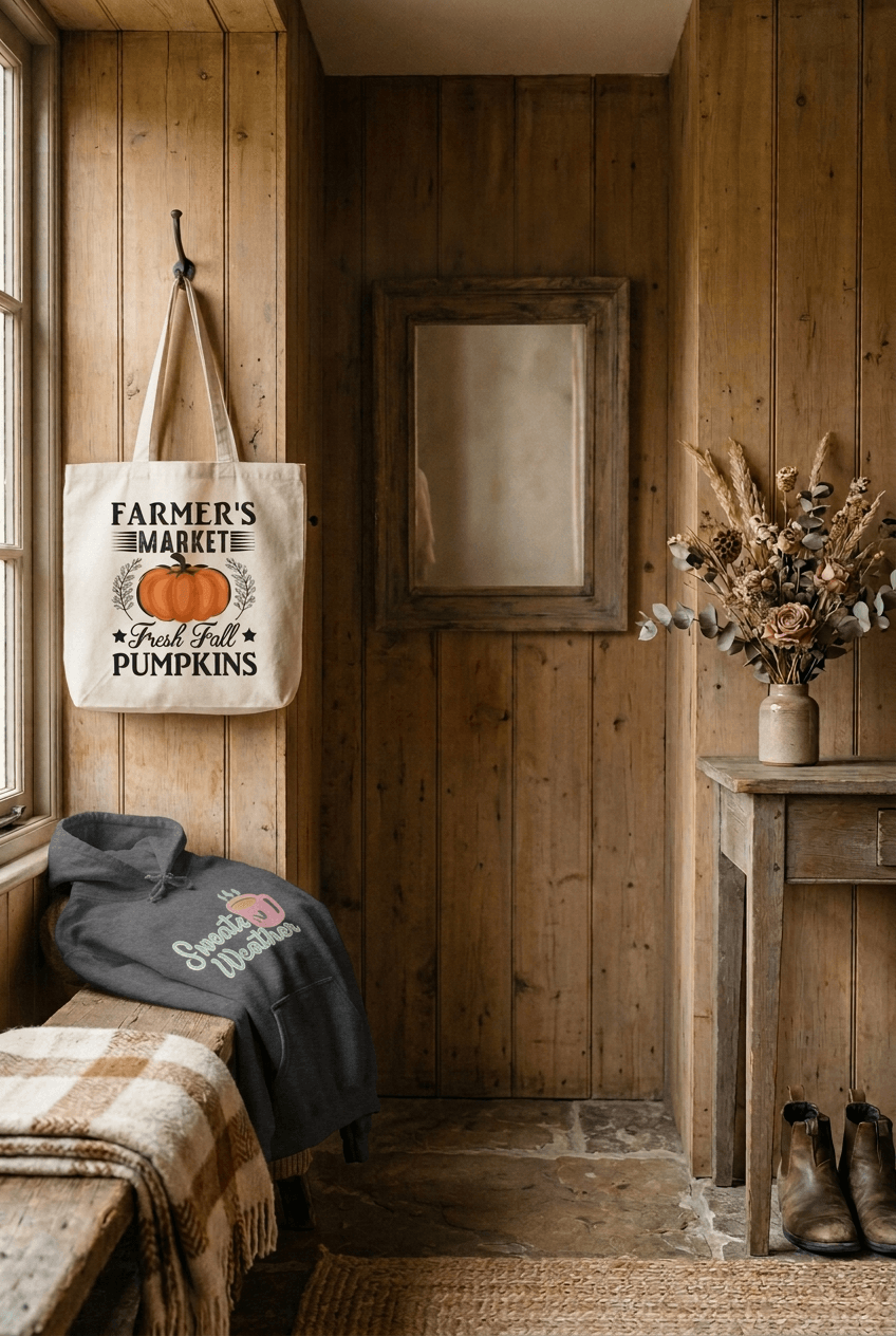 Farmhouse scene with wall-mounted mirror and charcoal sweatshirt