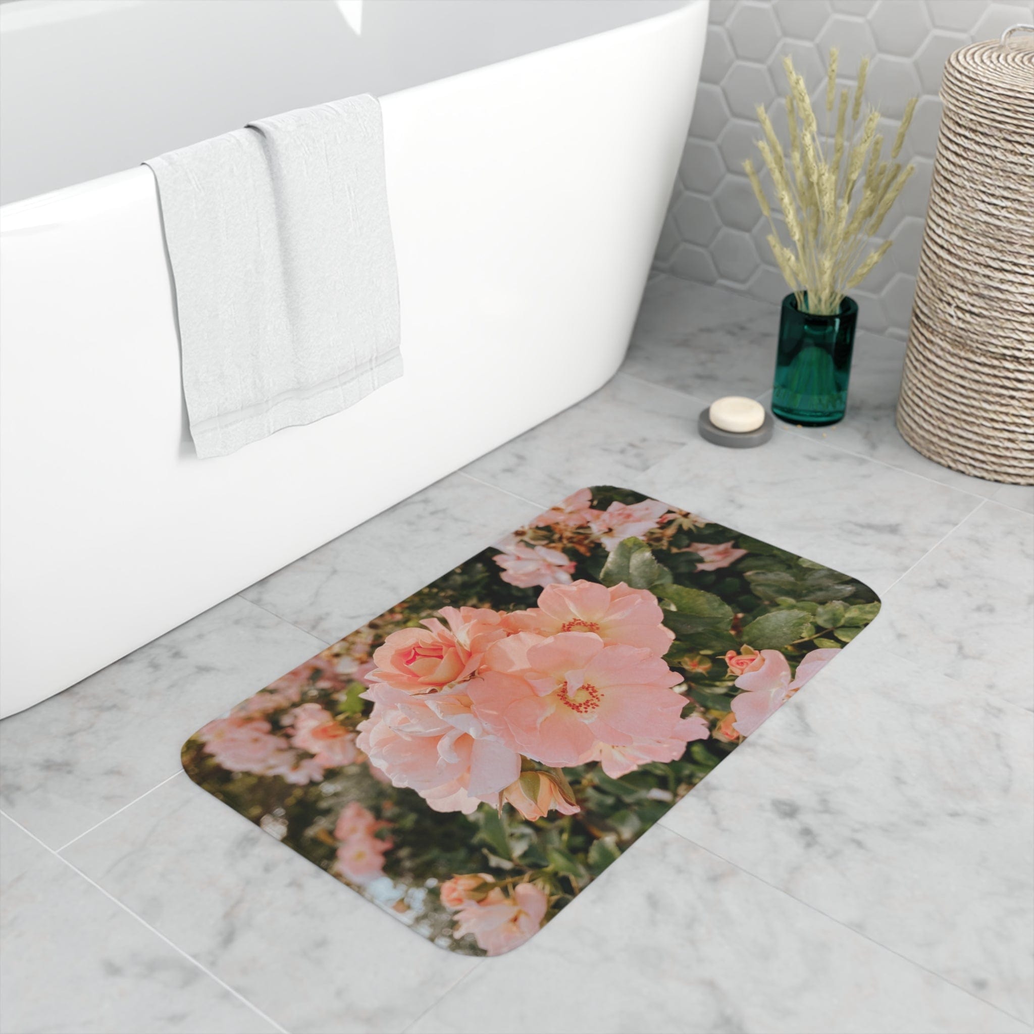 Printify Home Decor White / 30” x 18” Country Coral Roses - Memory Foam Bath Mat