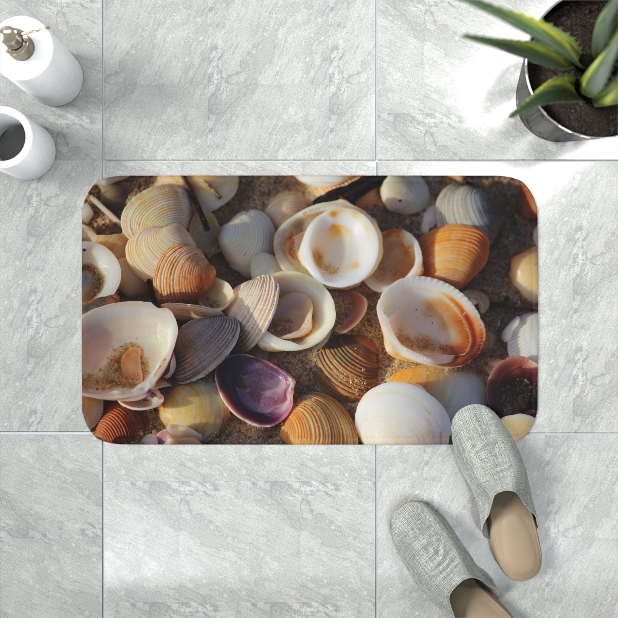 Printify Home Decor White / 30” x 18” Shells, Shells, Sand  - Memory Foam Bath Mat