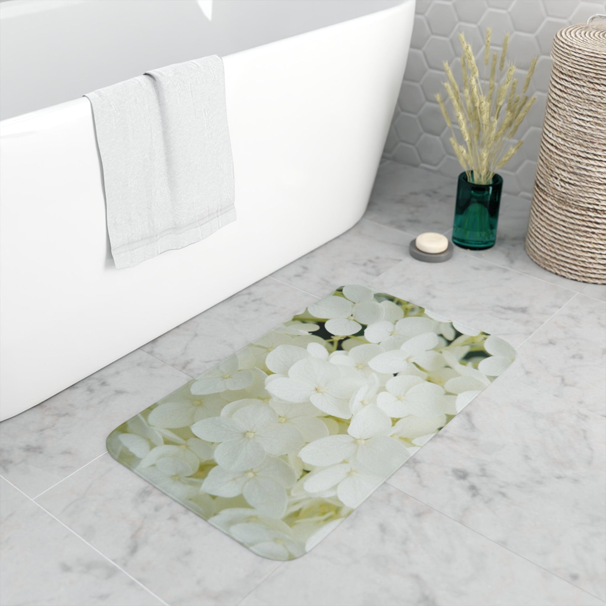 Printify Home Decor White / 30” x 18” White Hydrangea Flowers  - Memory Foam Bath Mat