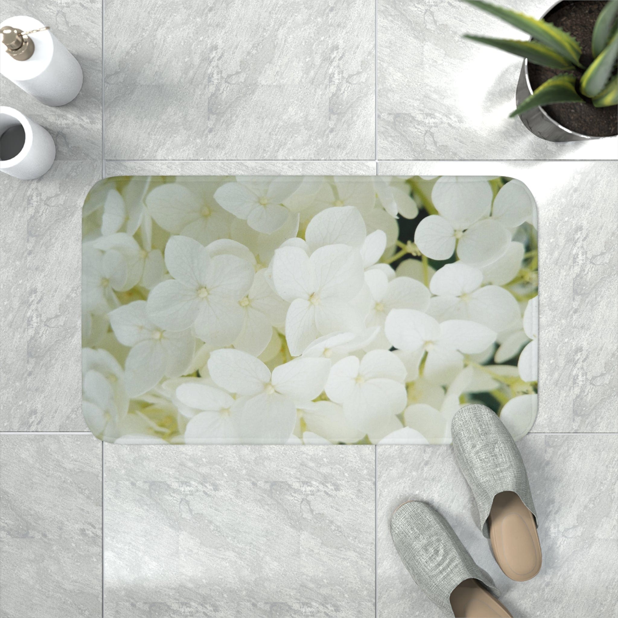 Printify Home Decor White / 30” x 18” White Hydrangea Flowers  - Memory Foam Bath Mat