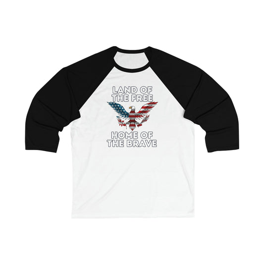 Printify Long-sleeve White/Black / XS Land of Free Home of the Brave  - Unisex 3\4 Sleeve Baseball Tee