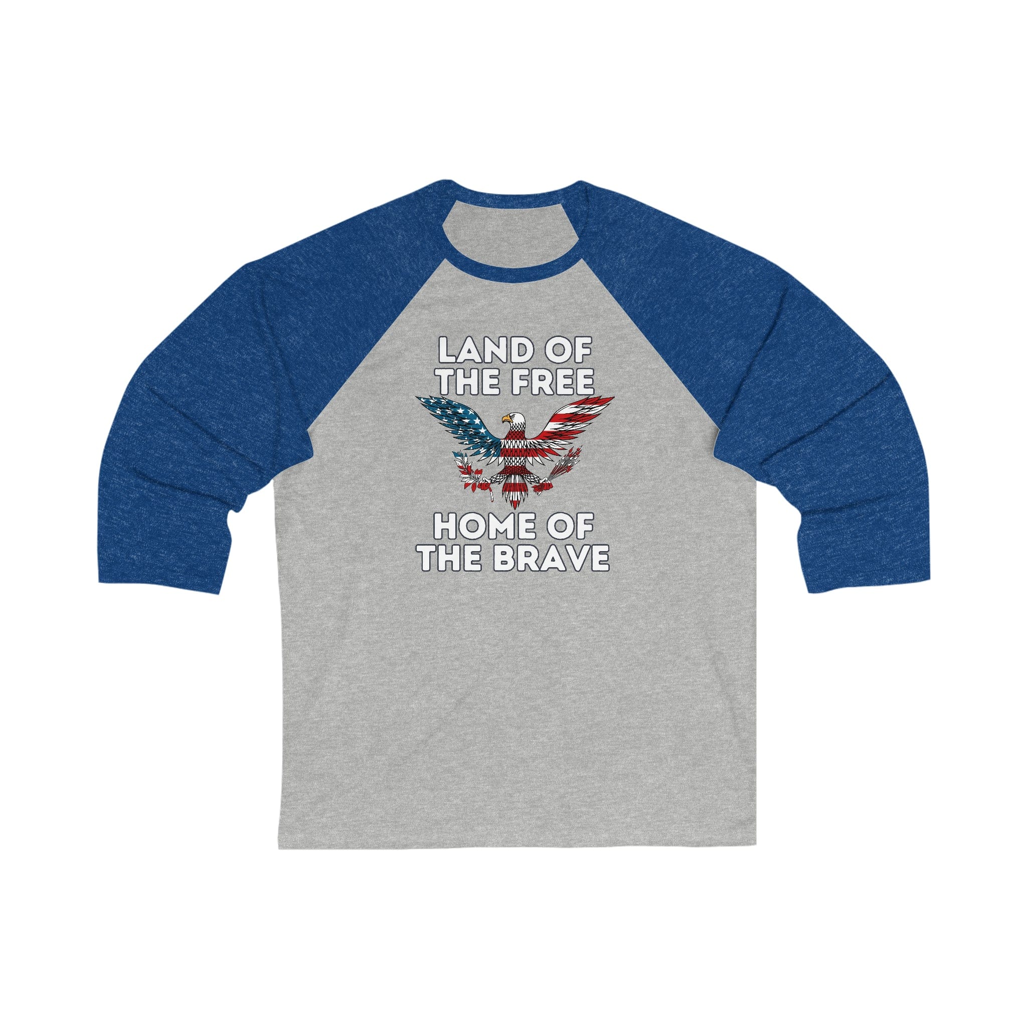 Printify Long-sleeve Grey/ True Royal / XS Land of Free Home of the Brave  - Unisex 3\4 Sleeve Baseball Tee