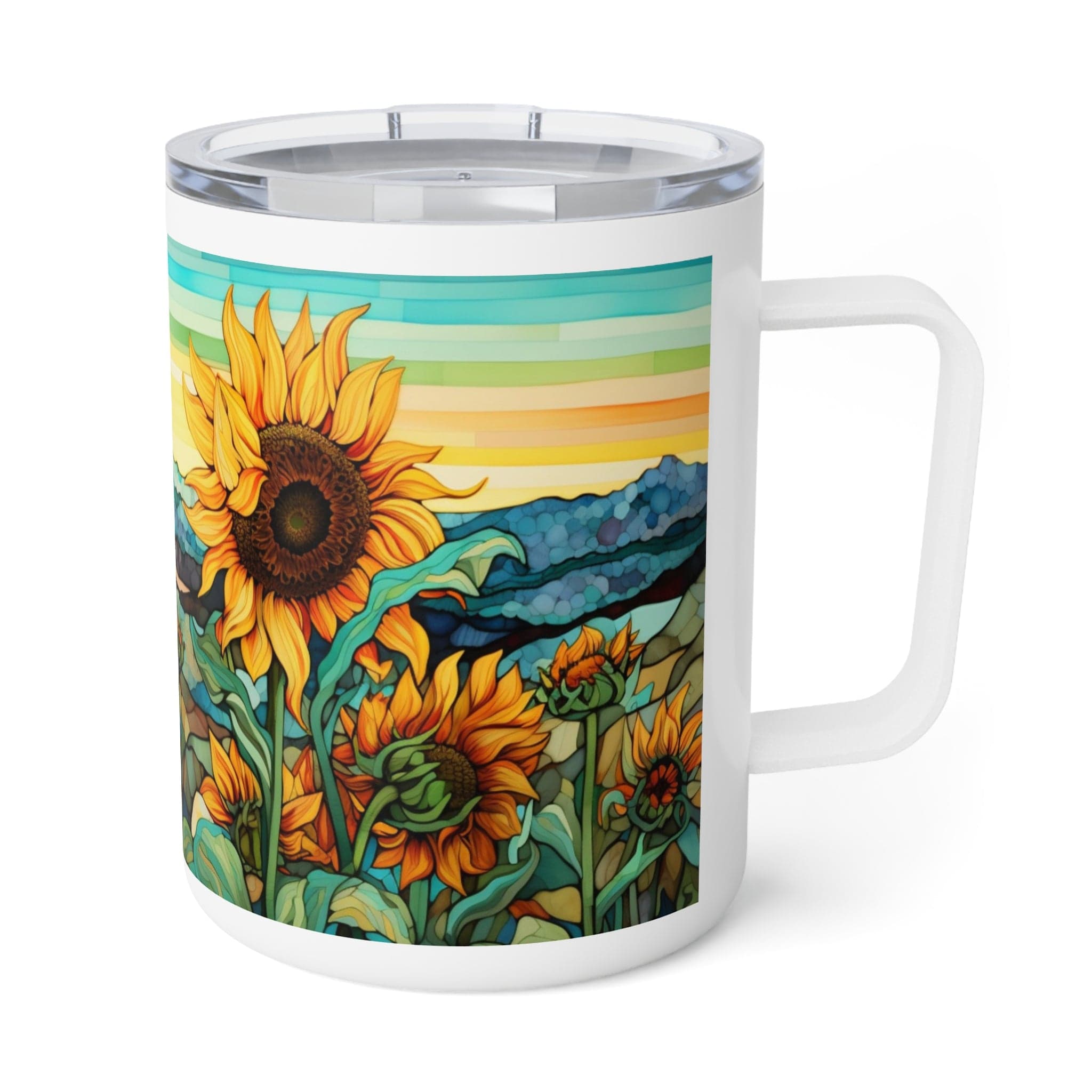 Printify Mug 10oz / White Sunflowers and bleu - Insulated Coffee Mug, 10oz