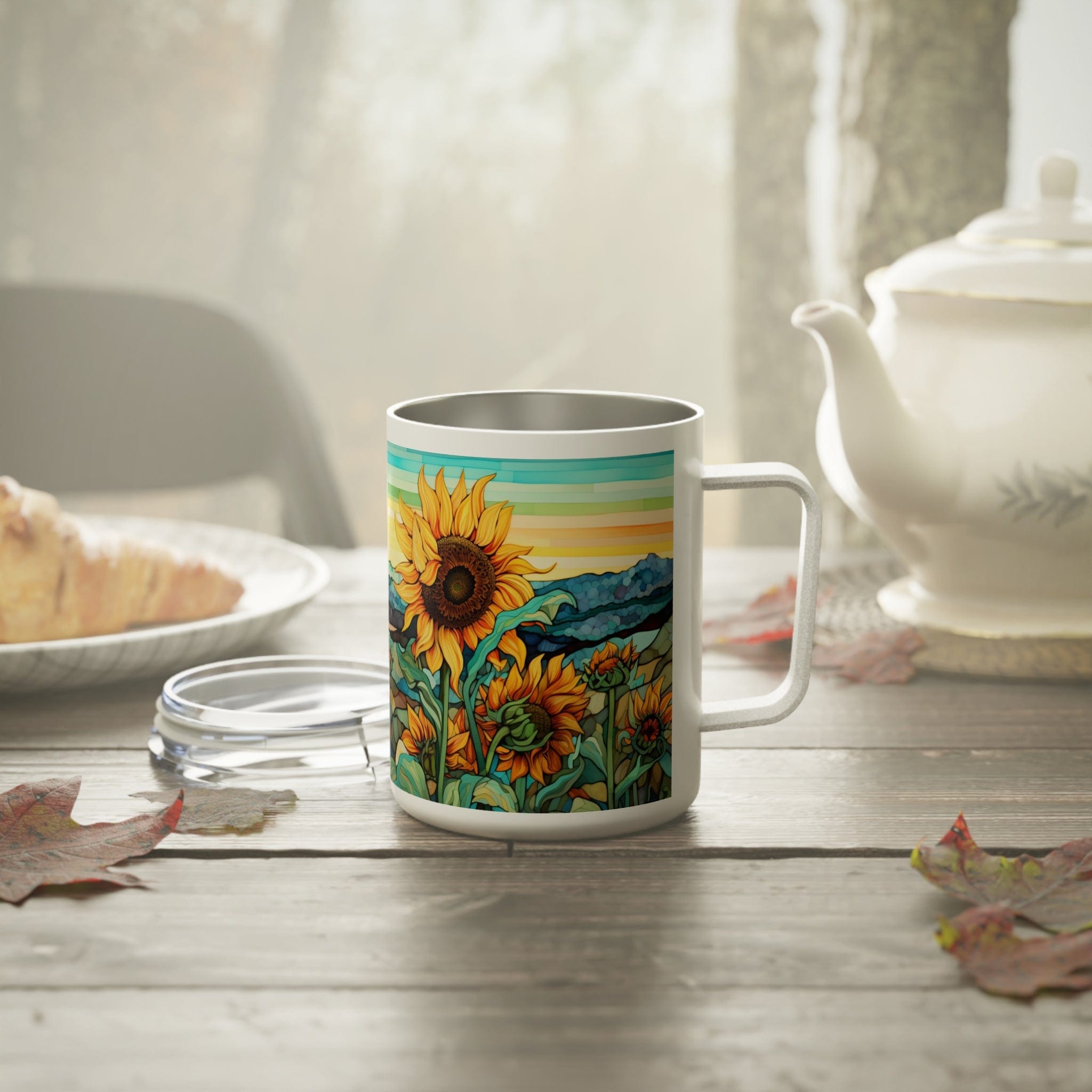 Printify Mug 10oz / White Sunflowers and bleu - Insulated Coffee Mug, 10oz
