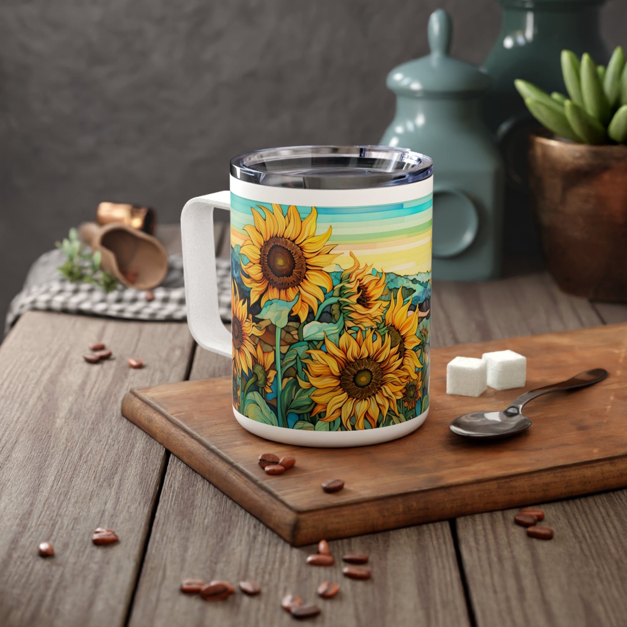 Printify Mug 10oz / White Sunflowers and bleu - Insulated Coffee Mug, 10oz