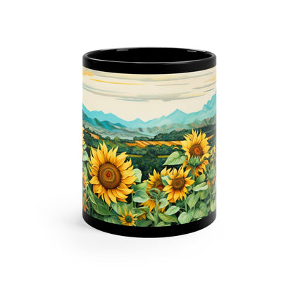 Printify Mug 11oz Sunflowers and Mountains - 11oz Black Mug