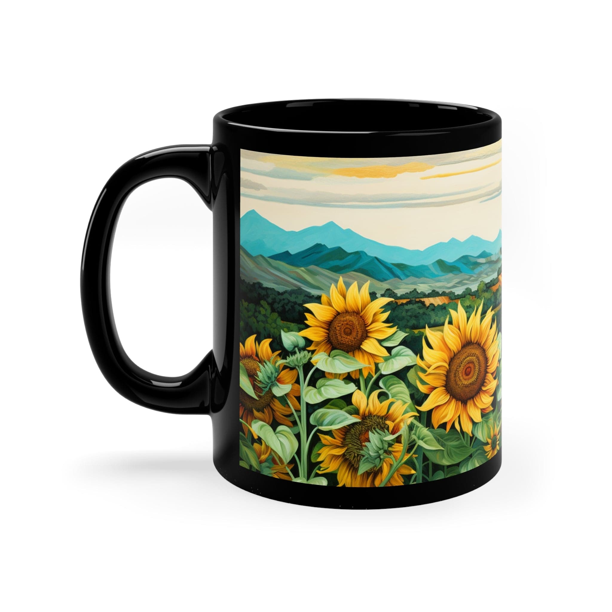 Printify Mug 11oz Sunflowers and Mountains - 11oz Black Mug