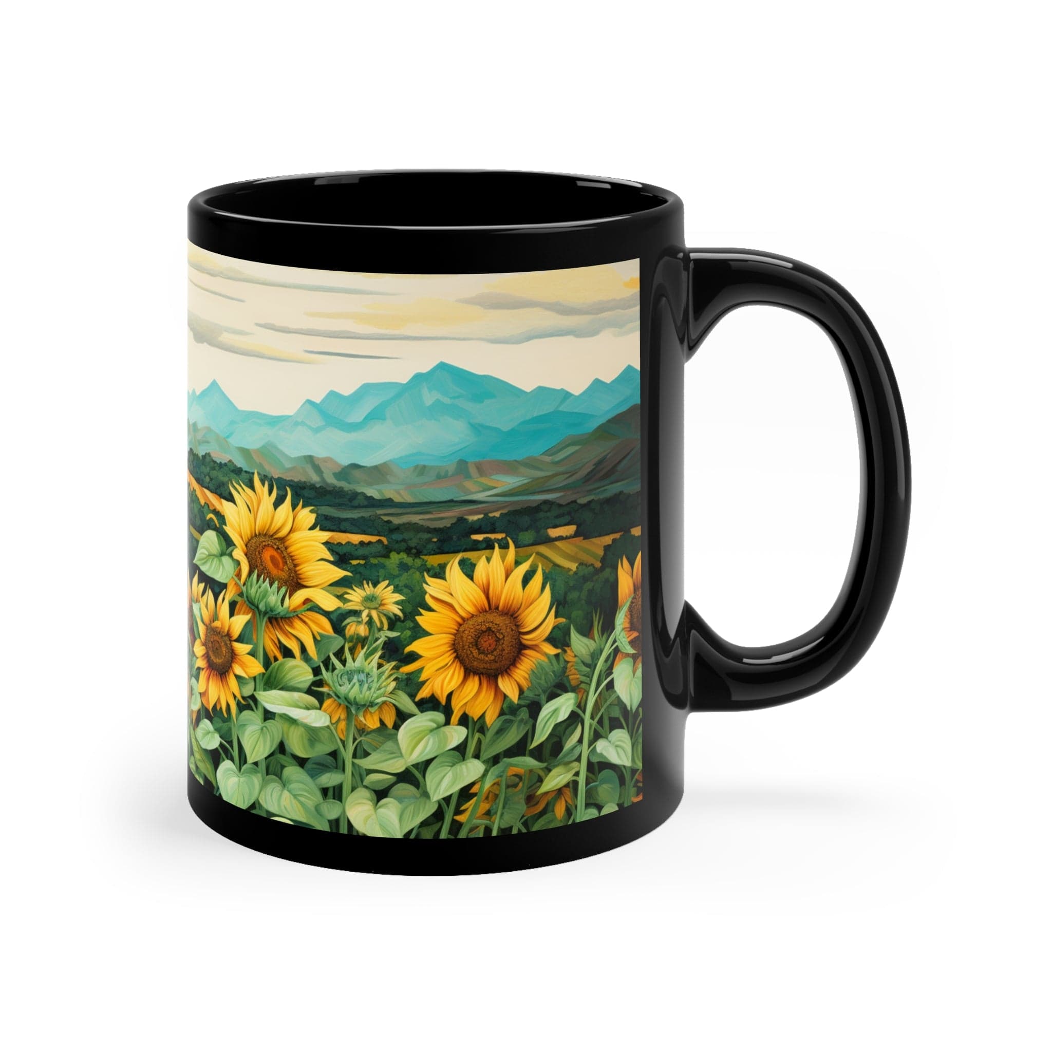 Printify Mug 11oz Sunflowers and Mountains - 11oz Black Mug
