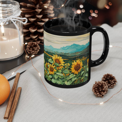 Printify Mug 11oz Sunflowers and Mountains - 11oz Black Mug