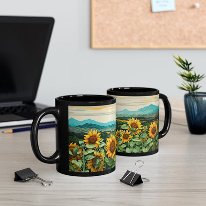 Printify Mug 11oz Sunflowers and Mountains - 11oz Black Mug