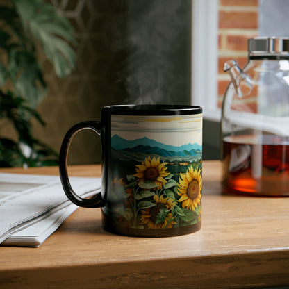 Printify Mug 11oz Sunflowers and Mountains - 11oz Black Mug