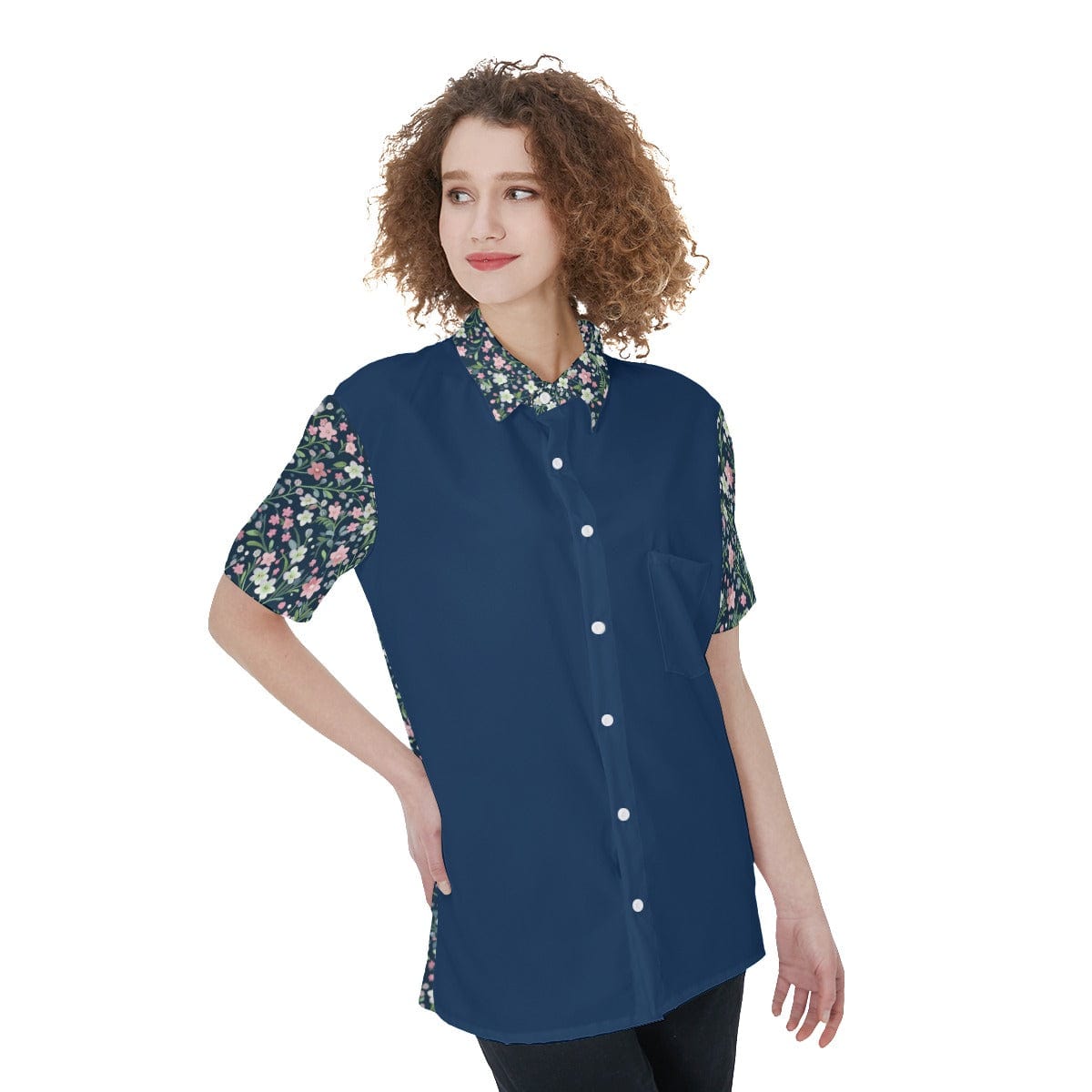 Yoycol Navy Floral Hue - Women's Short Sleeve Shirt With Pocket