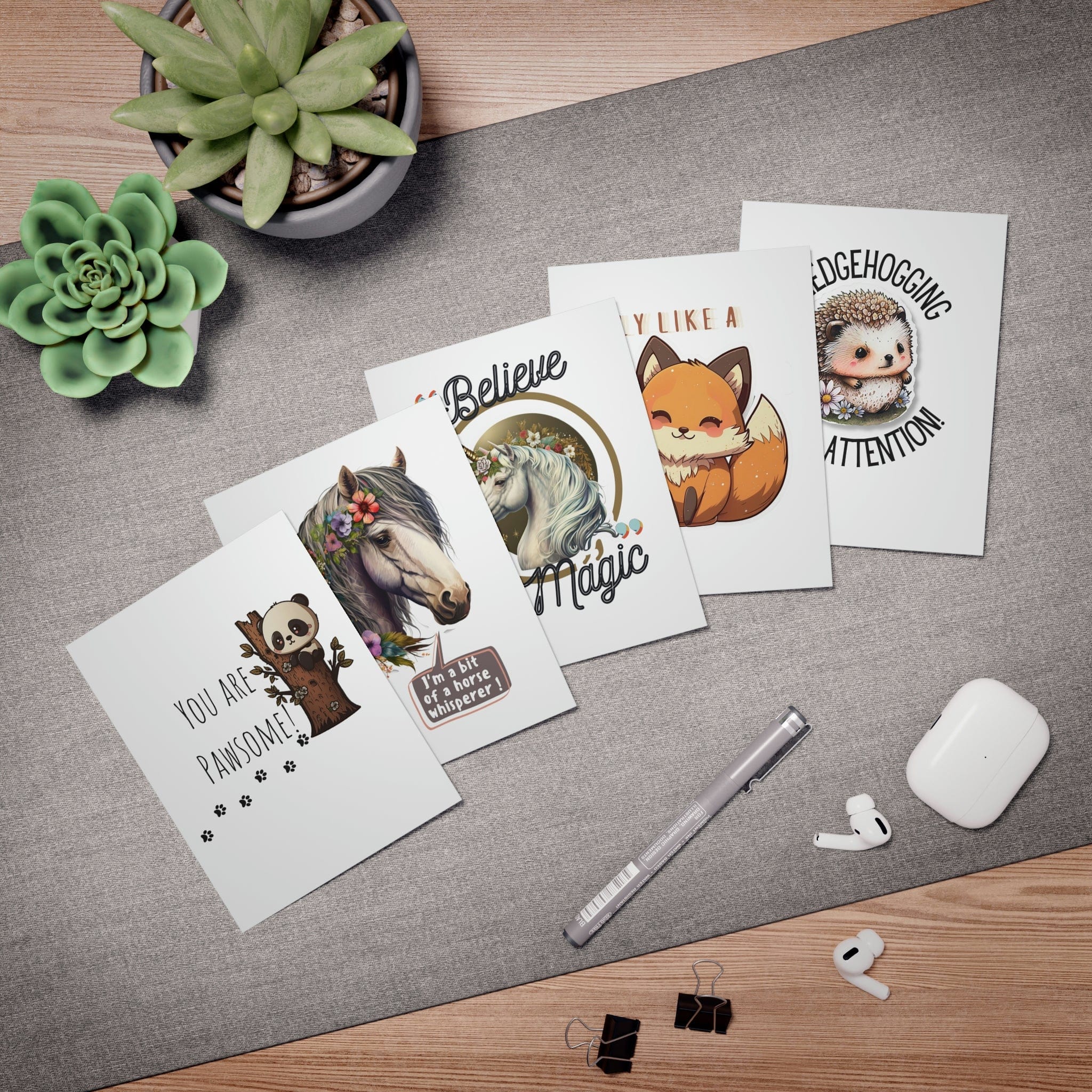 Printify Paper products 4.25" x 5.5" (Vertical) / Uncoated Animal Cute Multi-Design Greeting Cards (5-Pack) (Blank Inside)