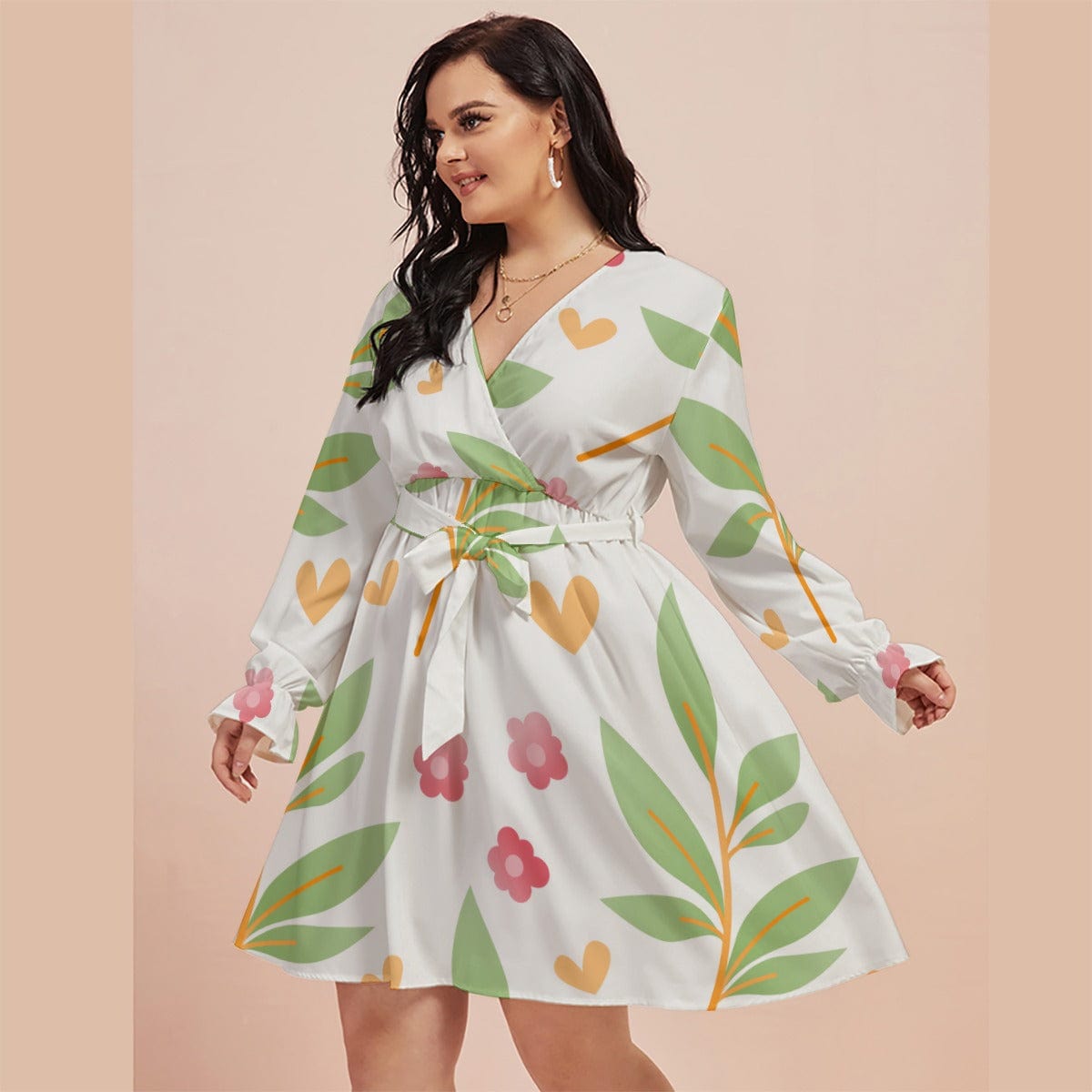 Yoycol Plus Dresses Cream Spring Flowers Women's V-neck Dress With Waistband(Plus Size)