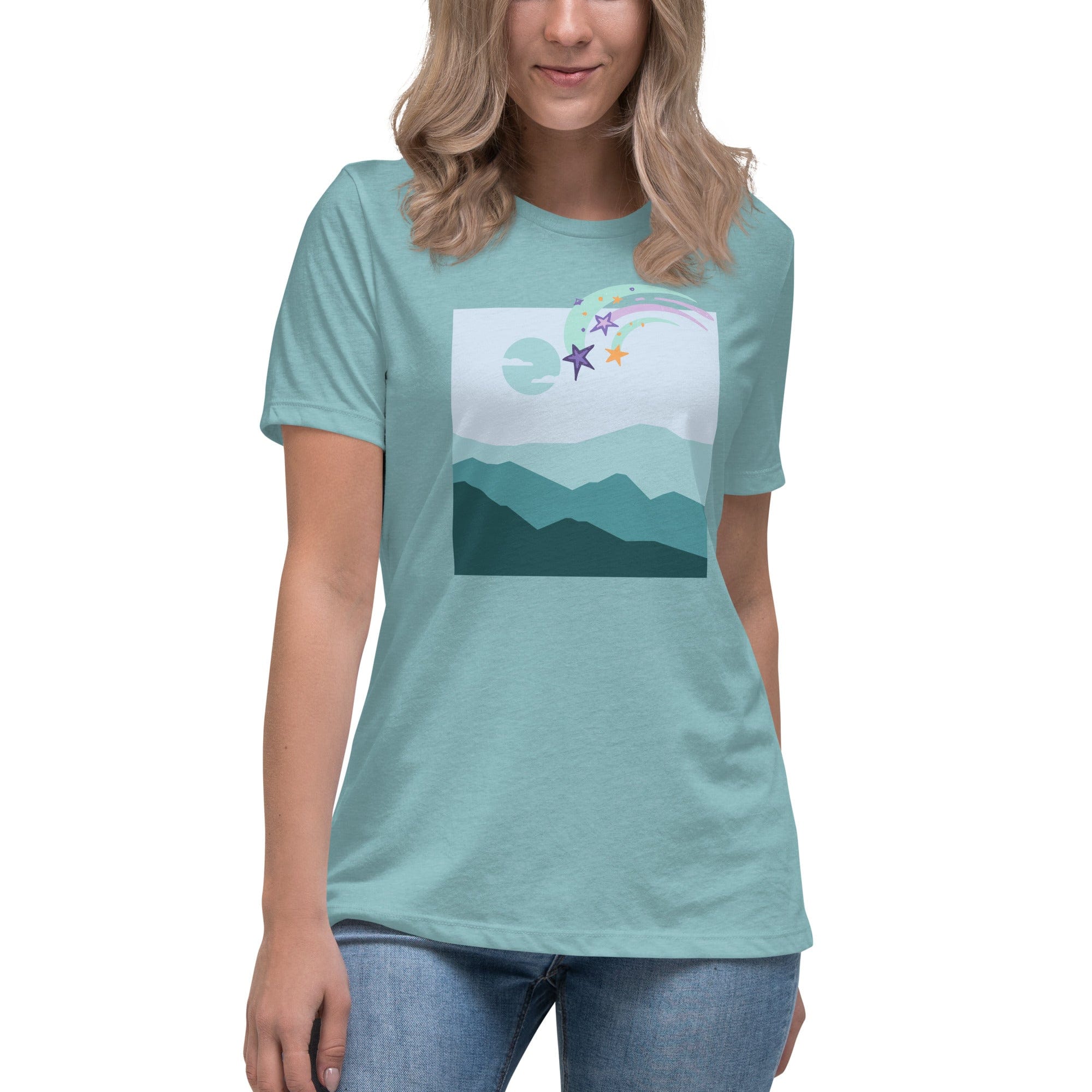 Spruced Roost Heather Blue Lagoon / S Shooting Stars - Women's Relaxed T-Shirt - S-3XL