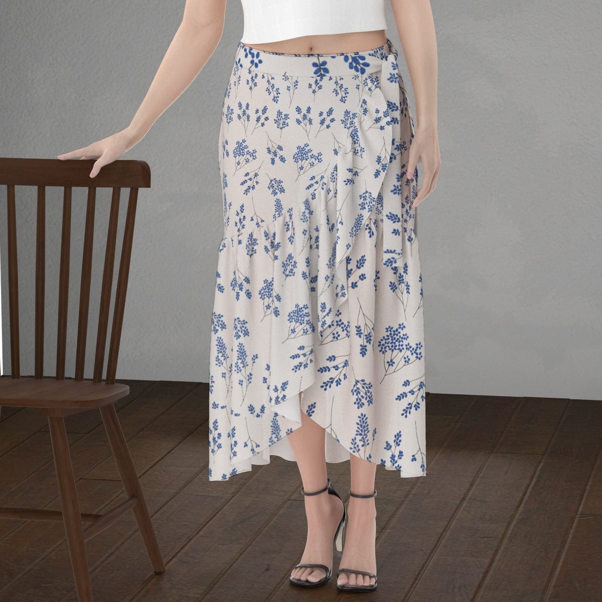 Yoycol Skirt 2XL / Ecru Ecru Blue Floral - Print Women's Wrap Skirt