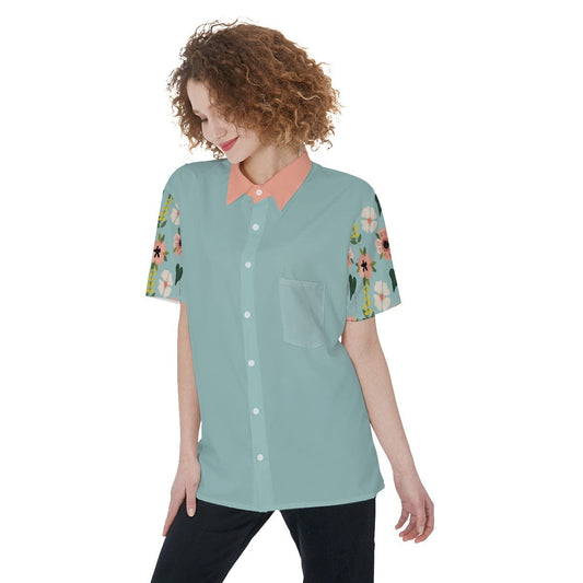 Yoycol Skirt Set 2XL / Blue Green Blue Green Coral Floral - Women's Short Sleeve Shirt With Pocket