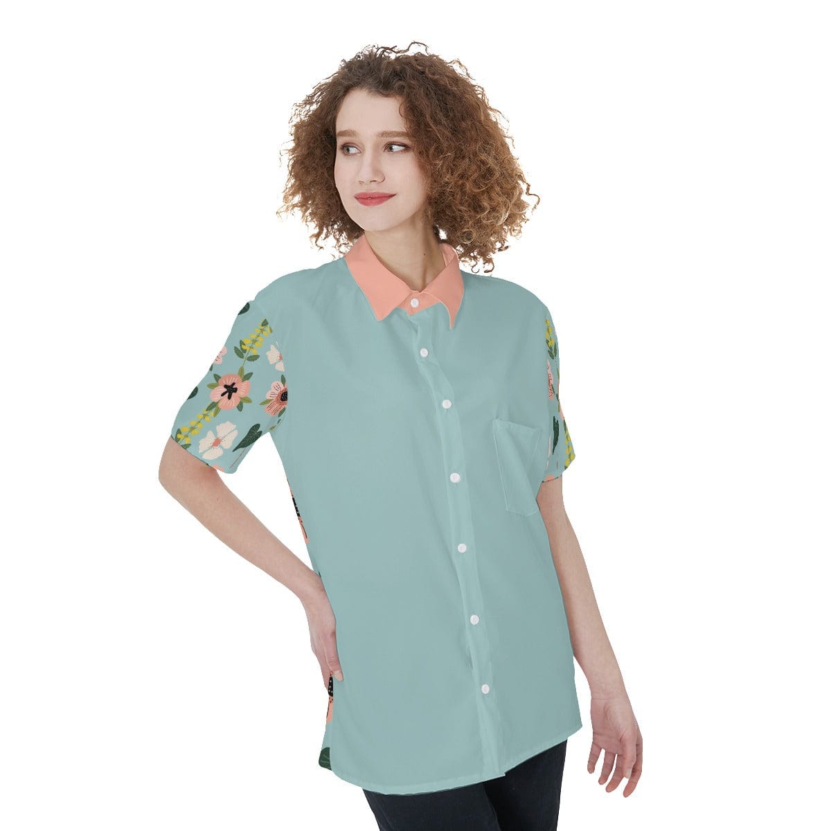 Yoycol Skirt Set Blue Green Coral Floral - Women's Short Sleeve Shirt With Pocket