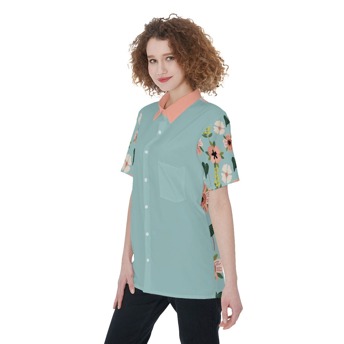Yoycol Skirt Set Blue Green Coral Floral - Women's Short Sleeve Shirt With Pocket