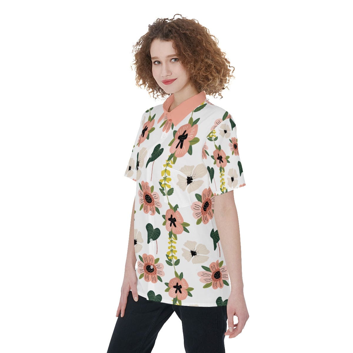 Yoycol Skirt Set Coral Floral - Women's Short Sleeve Shirt With Pocket
