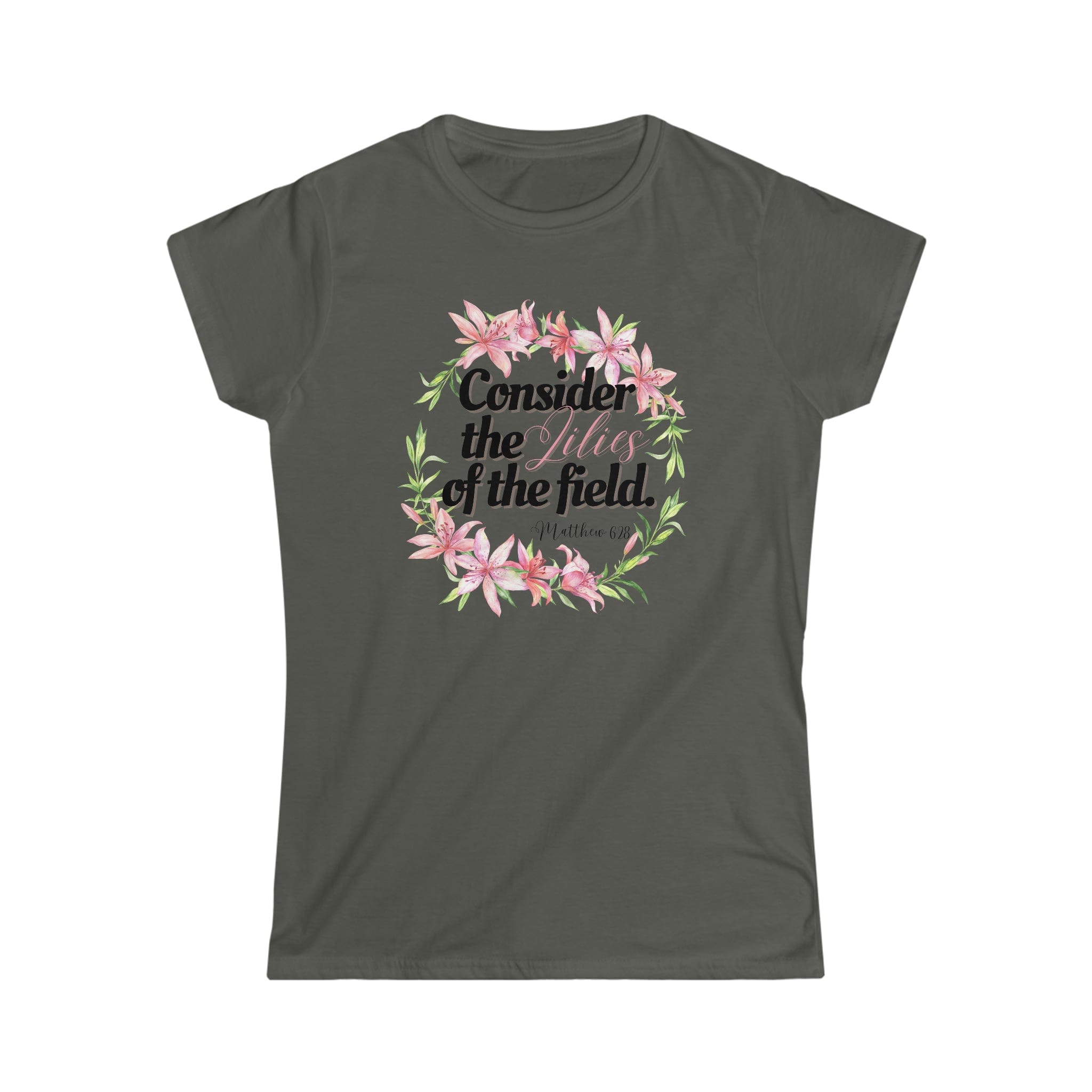 Printify T-Shirt Charcoal / S Consider the Lilies - Women's Softstyle Tee