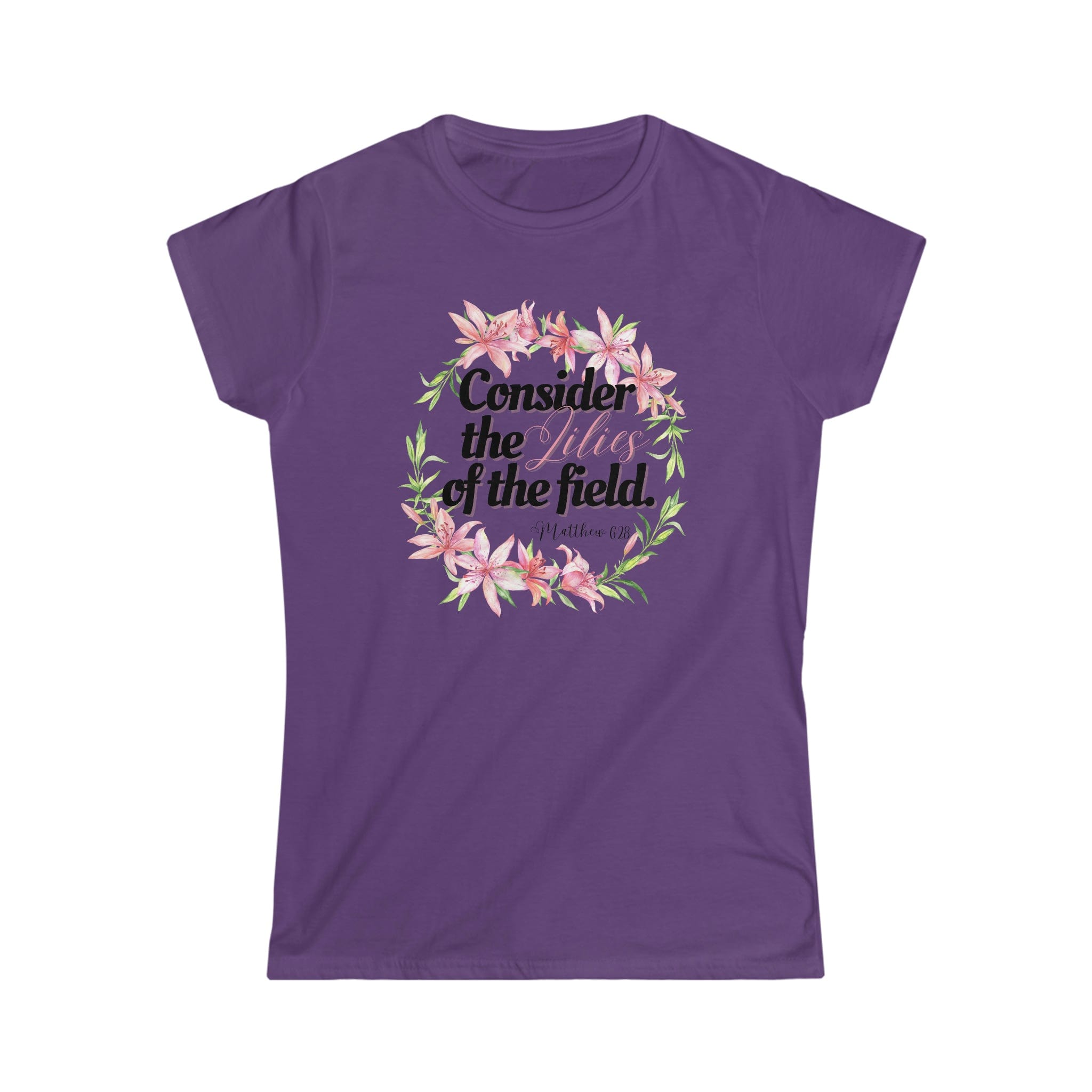 Printify T-Shirt Purple / S Consider the Lilies - Women's Softstyle Tee