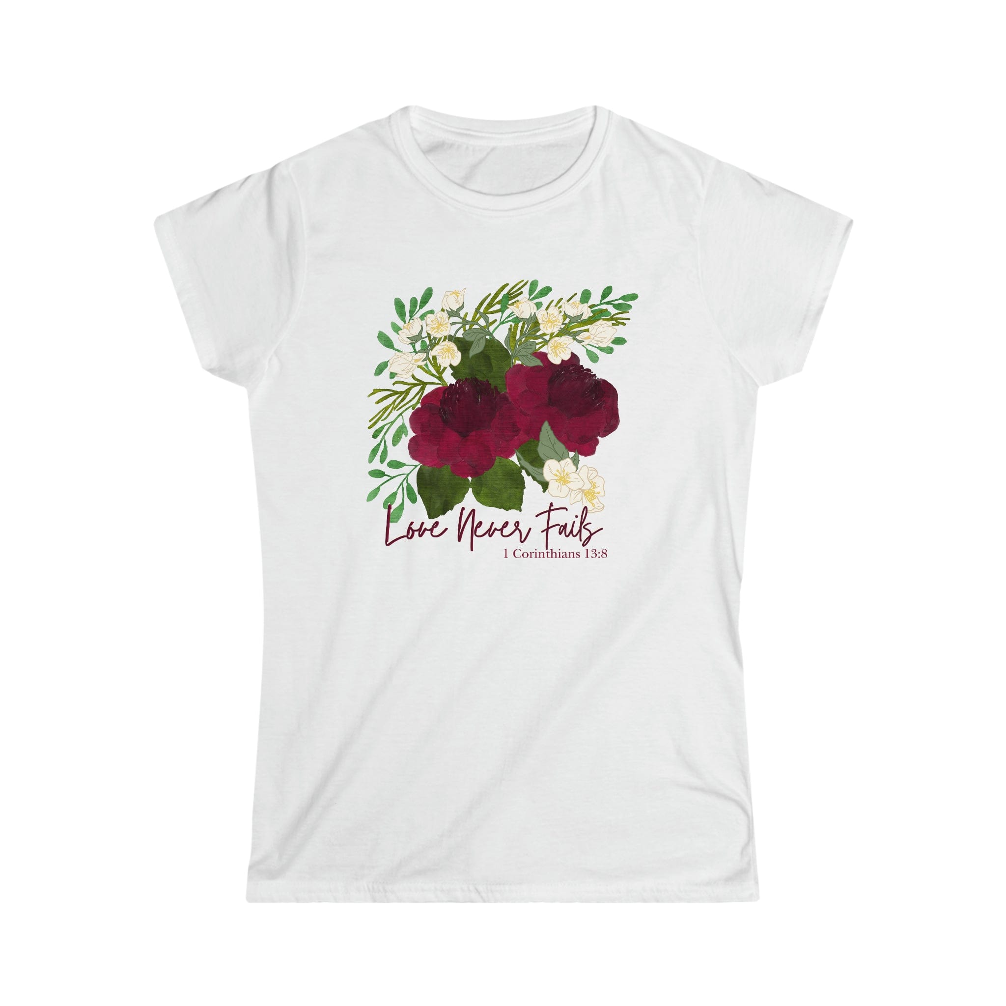 Printify T-Shirt White / S Love Never Fails - Women's Softstyle Tee